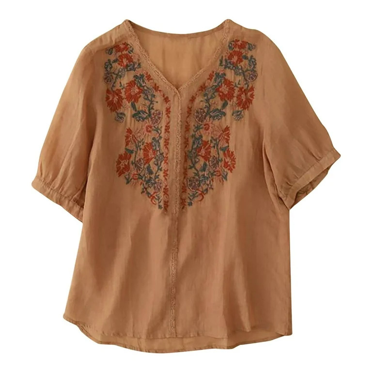 Lolmot Women's Summer Casual Tops Cotton Linen Boho Embroidery Mexican Bohemian Ethnic Style Tops... | Walmart (US)