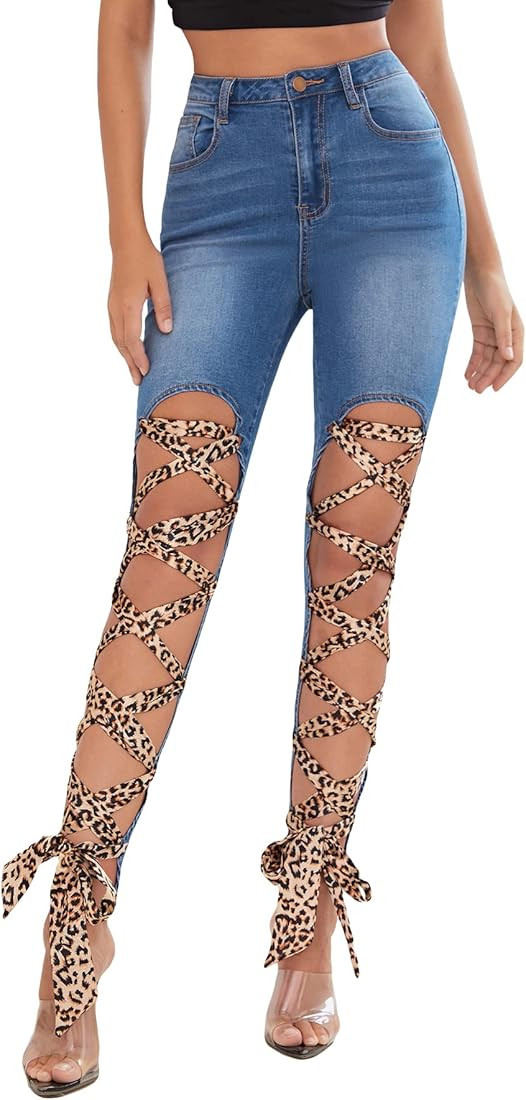 WDIRARA Women's Leopard Print Lace Up Cut Out High Waisted Sexy Skinny Denim Jeans | Amazon (US)