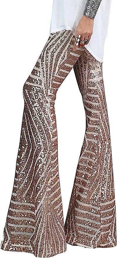 AZOKOE Women High Waist Wide Leg Palazzo Lounge Pants Sequin Bell Bottoms Trousers | Amazon (US)