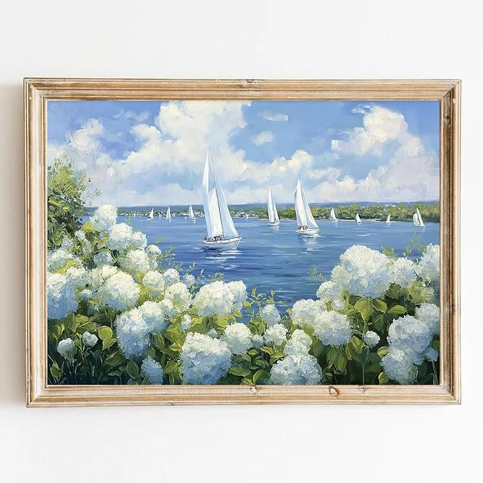 Seaside Hydrangea Wall Art Coastal Sailboat Print Nantucket Artwork for Walls Vintage Hydrangea P... | Amazon (US)