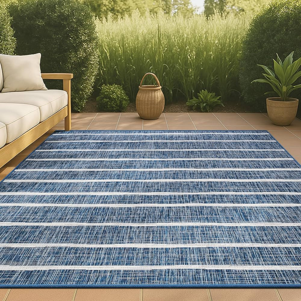 JONATHAN Y Berber Stripe Indoor Outdoor Area Rug 8X10 Blue/Ivory, Colonia for Backyard, Patio, Po... | Amazon (US)