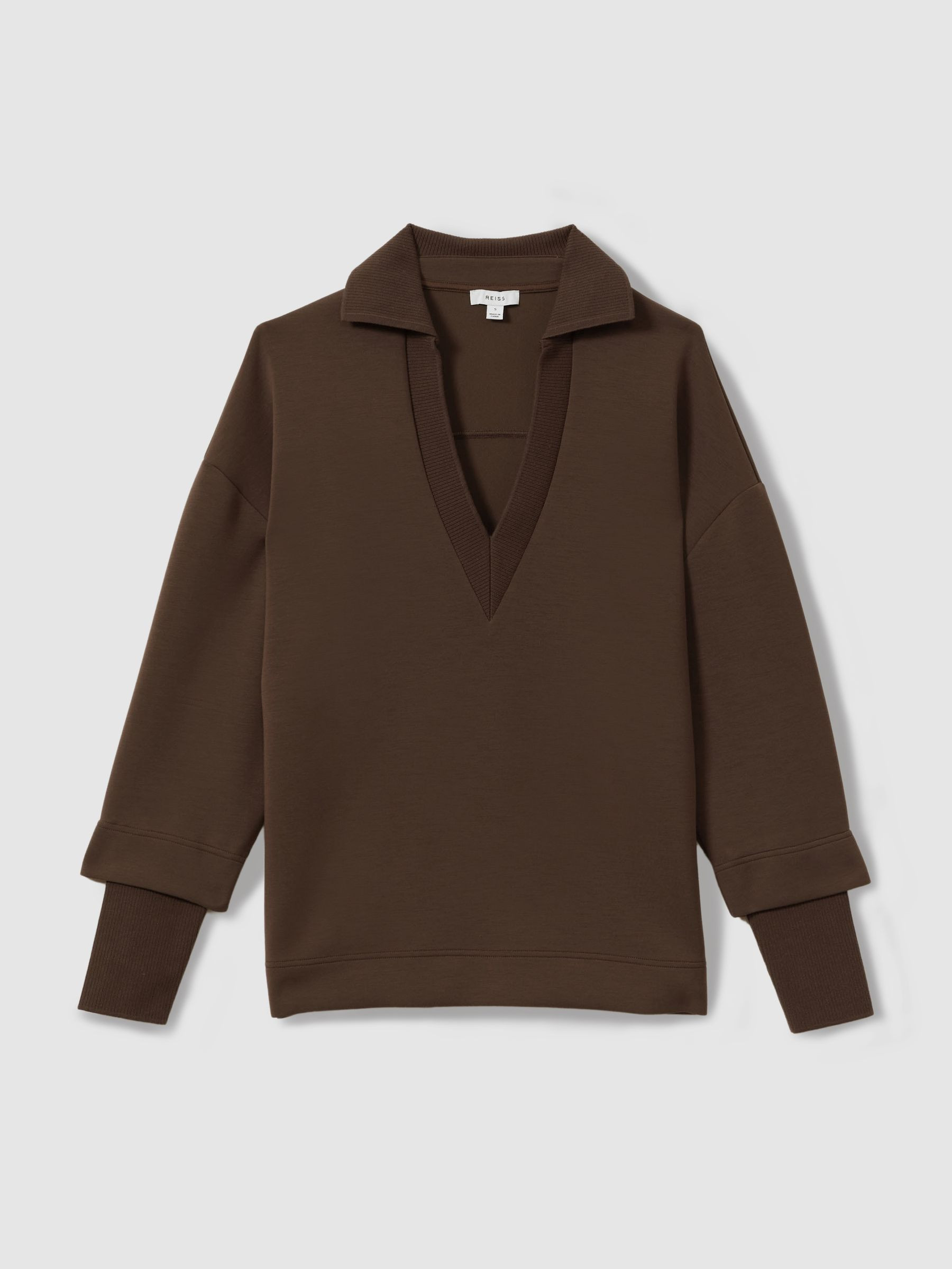 Reiss Premium Interlock Open-Collar Sweatshirt in Chocolate - REISS | Reiss UK