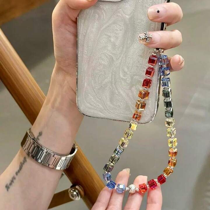 Luxury Square Multicolor Crystal Rainbow Gradient Phone Lanyard, Handbag Decoration, Fashionable Accessory Gifts For Mother, Family, Friends, Birthday, Holiday Phone Charm, Phone Chain | SHEIN