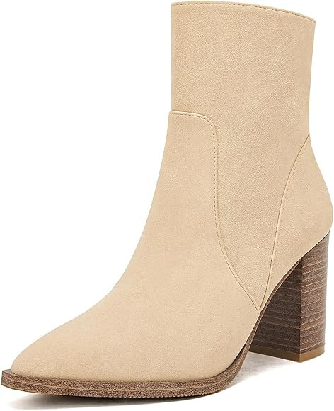 LAICIGO Women's Pointed Toe Ankle Boots Chunky Stacked Heel Side Zipper Faux Leather Ankle Bootie... | Amazon (US)