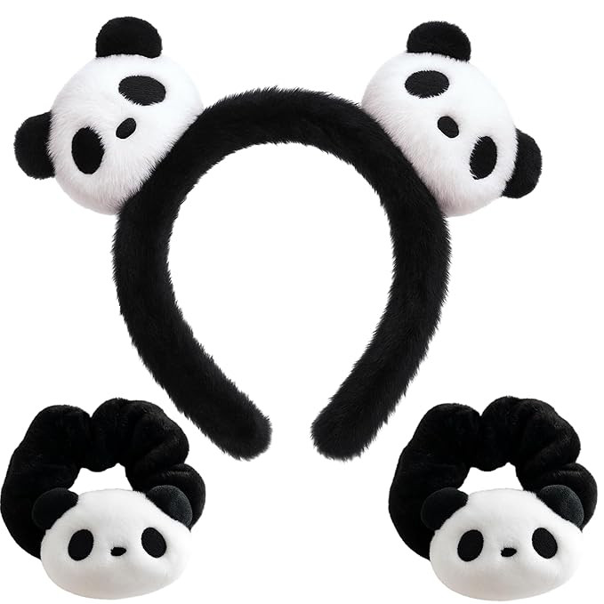 Panda Headband and Hair Ties Set, 3 Pack Panda Ears Headband with Hair Bands, Black White Animal ... | Amazon (US)