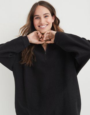Aerie Good Vibes Corded Oversized Quarter Zip Sweatshirt | American Eagle Outfitters (US & CA)