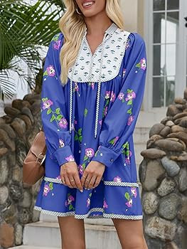 Wenrine Womens Casual Floral Mini Dress 2025 Fall Long Sleeve V Neck Patchwork Loose Boho Shirt D... | Amazon (US)