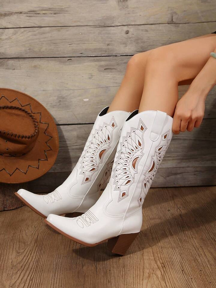 European And American New Retro Embroidered Western Cowboy Boots, White Over-The-Knee V-Cut Versa... | SHEIN