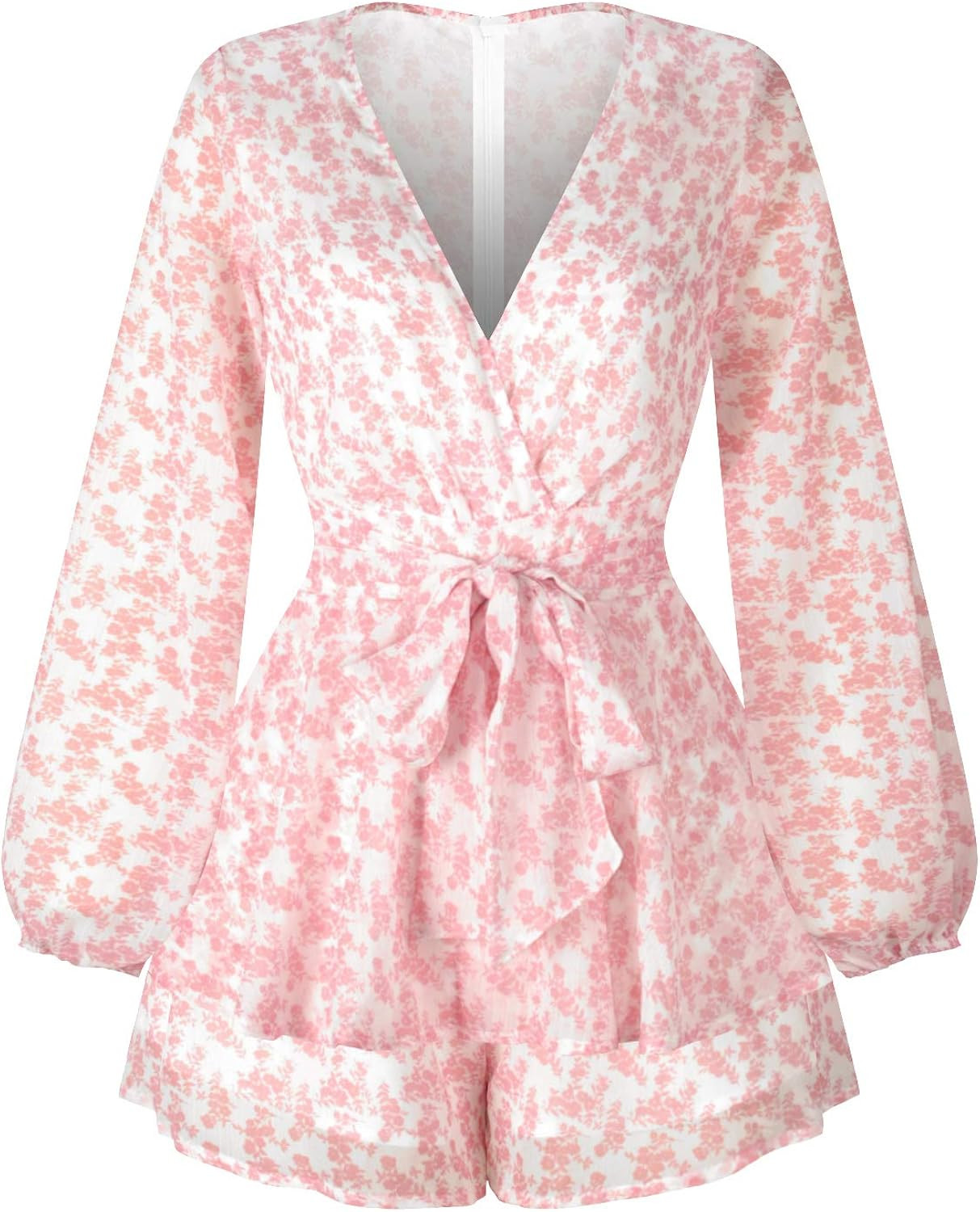 Women's Floral Print Square Neck Romper Baggy Sleeve Waist Tie Double Layer Ruffle Hem Short Mini Dr | Amazon (US)