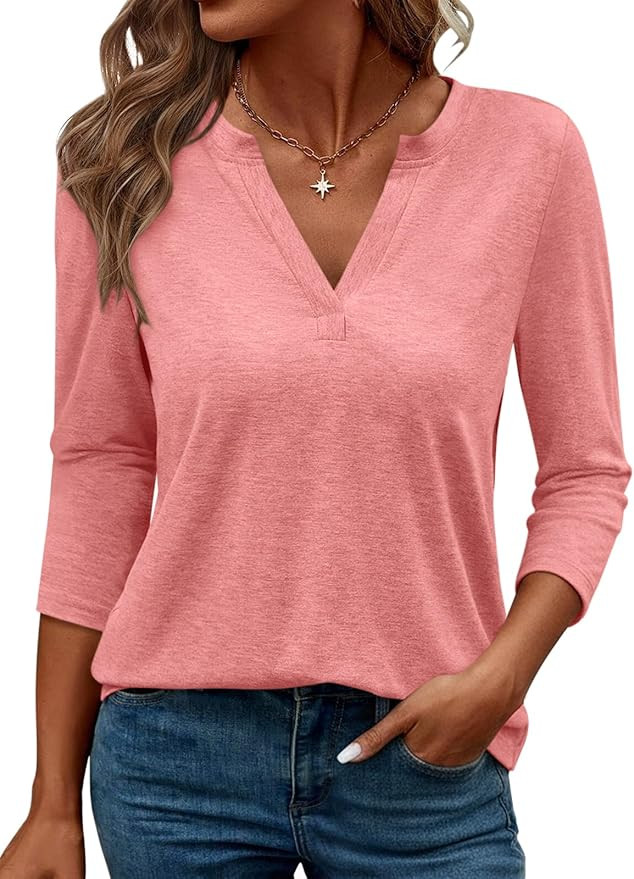 TICTICMIMI Women's V Neck 3/4 Sleeve T Shirts Casual Basic Summer Tees Shirts Loose Fit Tunic Top... | Amazon (US)