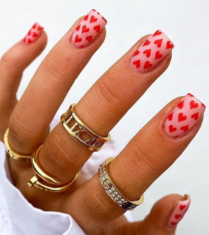 Amazon.com: Morily Press on Nails Medium Square Valentine's Day Fake Nails Pink Matte Stick on Na... | Amazon (US)