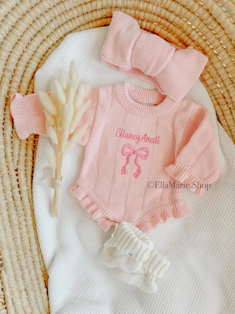 Newborn Girl Coming Home Outfit, Knit Baby Announcement, Ruffle Romper Bow Embroidered Name, Pers... | Etsy (US)