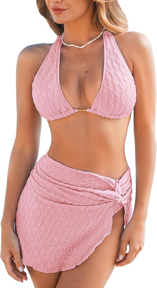 CUPSHE Women's Bikini Sets Three Piece Swimsuit V Neck Textured Halter Back Self Tie Twist Sarong... | Amazon (US)