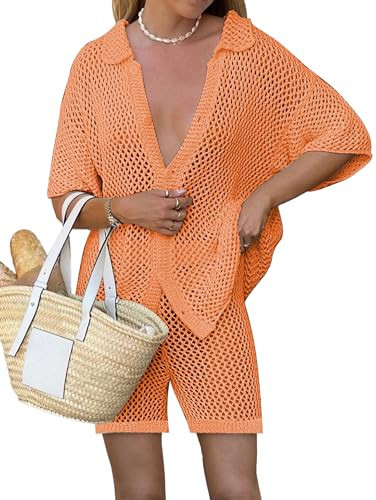Famulily Knit Beach Cover Up Beach Lounge Set Summer Cover Ups for Women Set Crochet Cover Up Sets Orange M | Amazon (US)