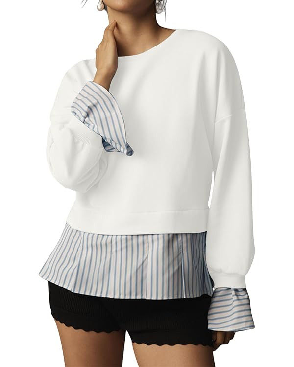 Striped Trim Twofer Sweatshirt For Women Crew Neck Long Sleeve Patchwork Pullover Sweater Outfits | Amazon (US)