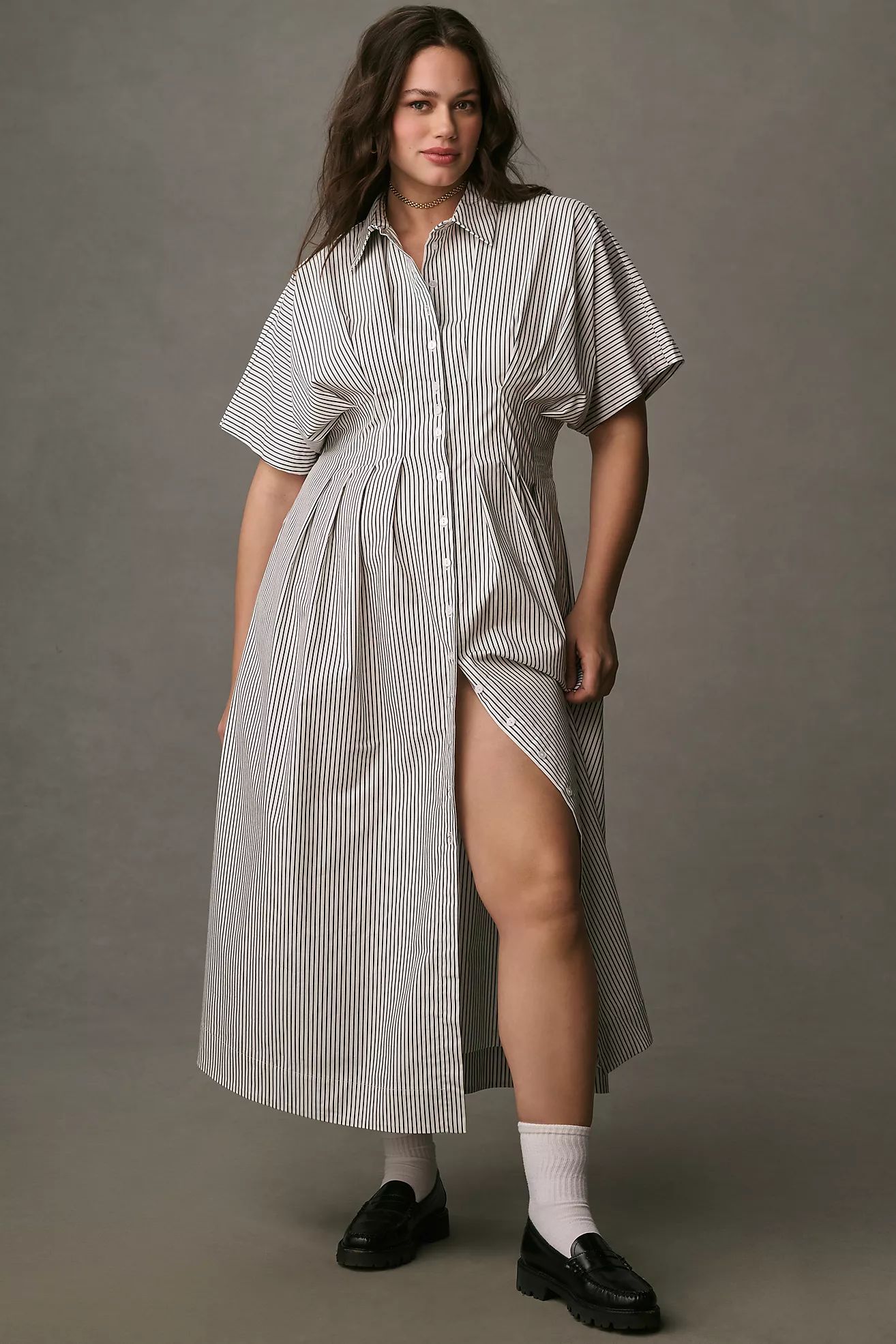 Exquise Tobie Button-Front Pleated Midi Shirt Dress | Anthropologie (US)
