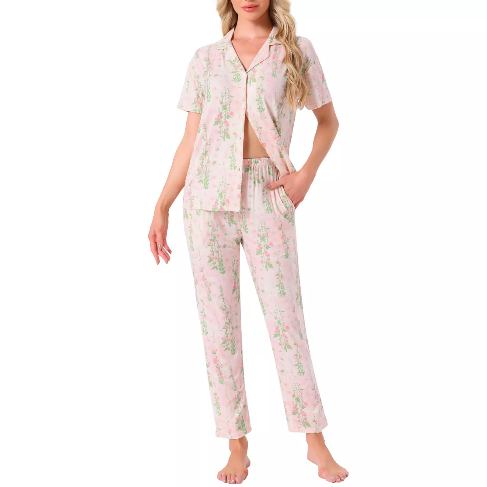 Women's Longewear Button Up Tencel Floral Ink Wash Pattern Short Sleeve Notched Collar Pants Set | Kohl's
