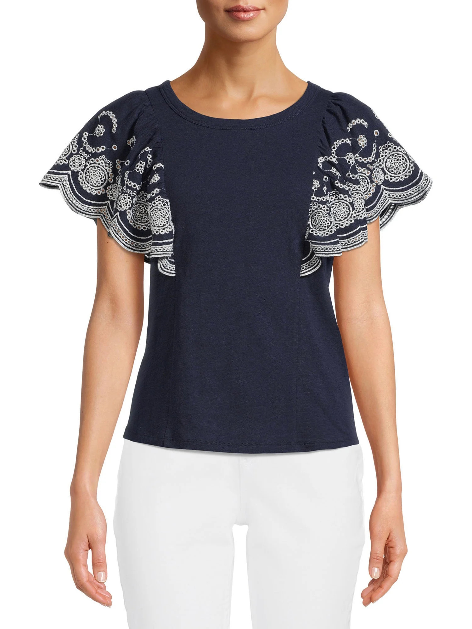 Time and Tru Women's Eyelet Flutter Sleeve Top | Walmart (US)