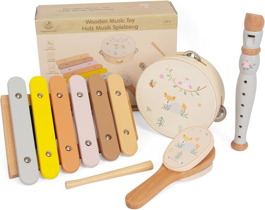Wooden Musical Instruments Set for Toddlers 1-3, Natural Wood Percussion Instruments Xylophone Gi... | Amazon (US)