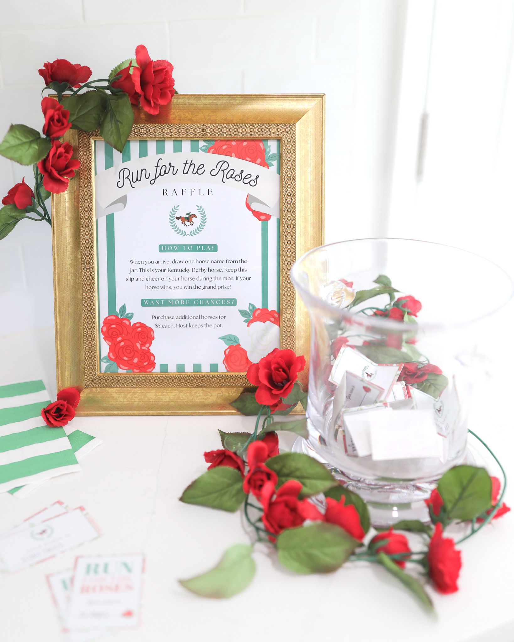 The cutest “Run for the Roses” raffle setup for your Kentucky Derby party 🌹 This printable Kentucky Derby game includes raffle tickets, betting slips, and a stylish party sign-- perfect for Derby Day entertaining, horse racing parties, and spring hosting ideas. Such a simple way to elevate your Derby party and keep guests involved!

#KentuckyDerbyIdeas #DerbyDayParty #RunForTheRosesRaffle #PartyPrintables #SpringEntertaining #HostessLife #PartyDecorIdeas 

 #LTKSeasonal #LTKHome