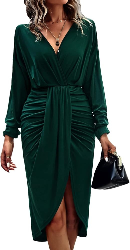 PRETTYGARDEN Women's Ruched Wrap Dress Long Sleeve V Neck Split Hem Draped Front Midi Bodycon Dresse | Amazon (US)