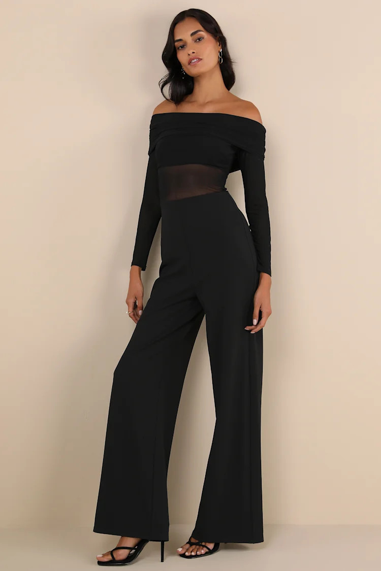 Sultry Statement Black Mesh Ruched Off-the-Shoulder Jumpsuit | Lulus