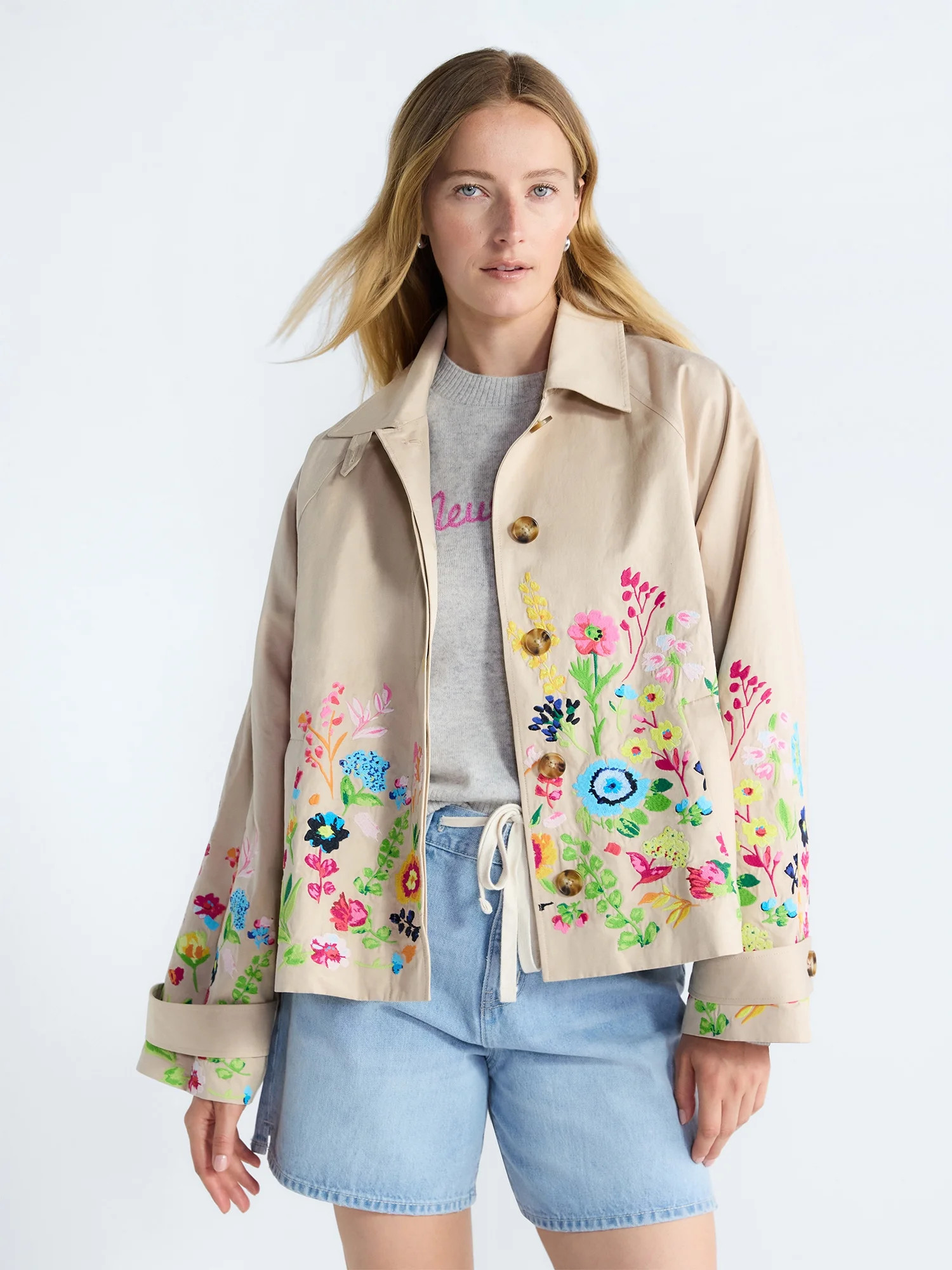 Free Assembly Women's and Women's Plus Short Embroidered Trench Coat, Sizes XS-4X | Walmart (US)