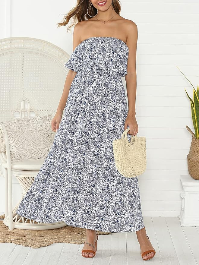 ZMPSIISA Women's Summer Off The Shoulder Maxi Dress Ruffle Strapless Blue White Porcelain Boho Ca... | Amazon (US)