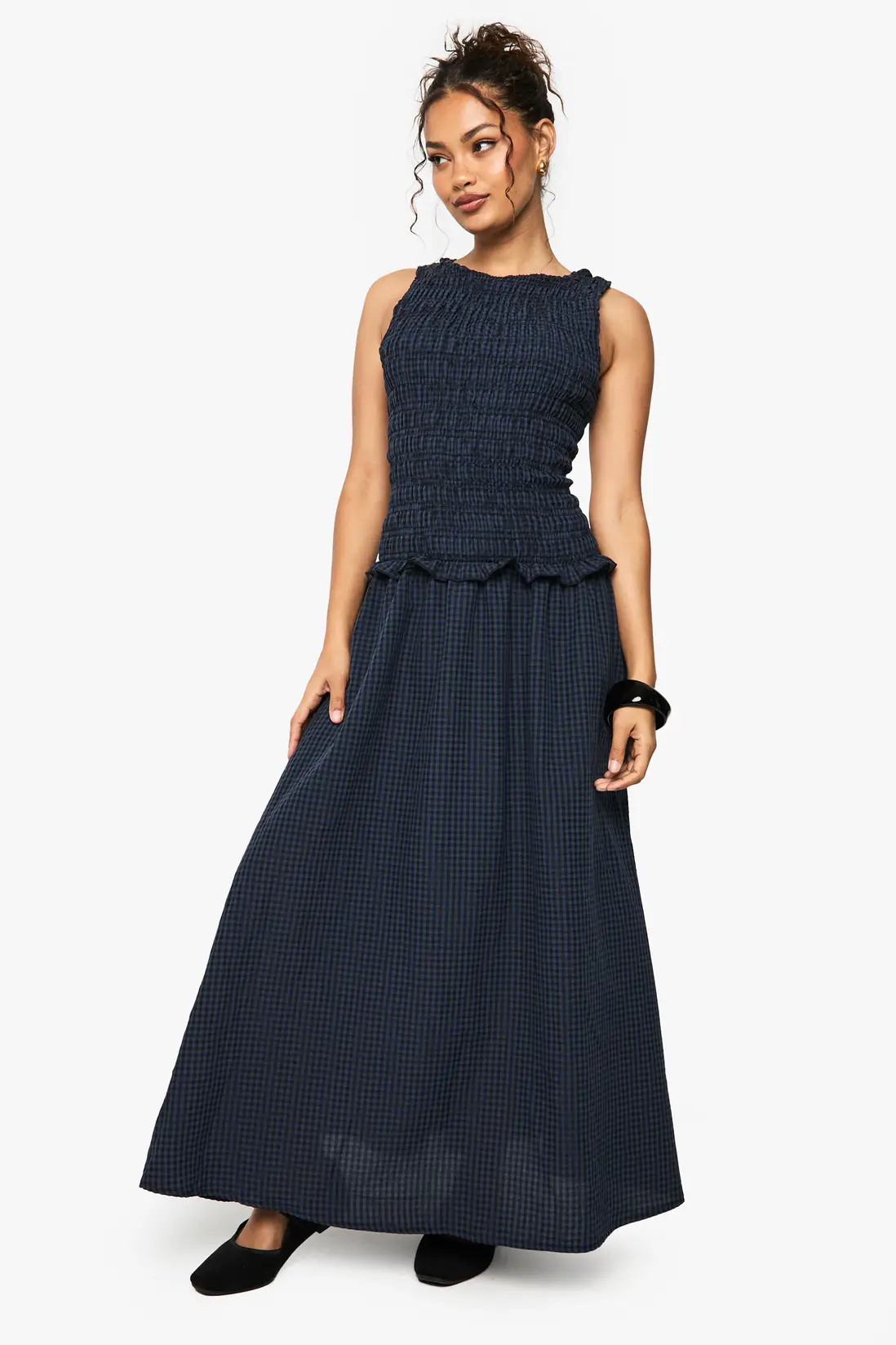 Navy Gingham Shirred Detail Drop Waist Midaxi Dress | Boohoo USA | boohoo (US & Canada)
