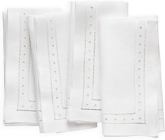 O'lucio White Linen Napkins Cloth - 18 x 18 inch Set of 4 Hemstitched Christmas Dinner Napkins wi... | Amazon (US)