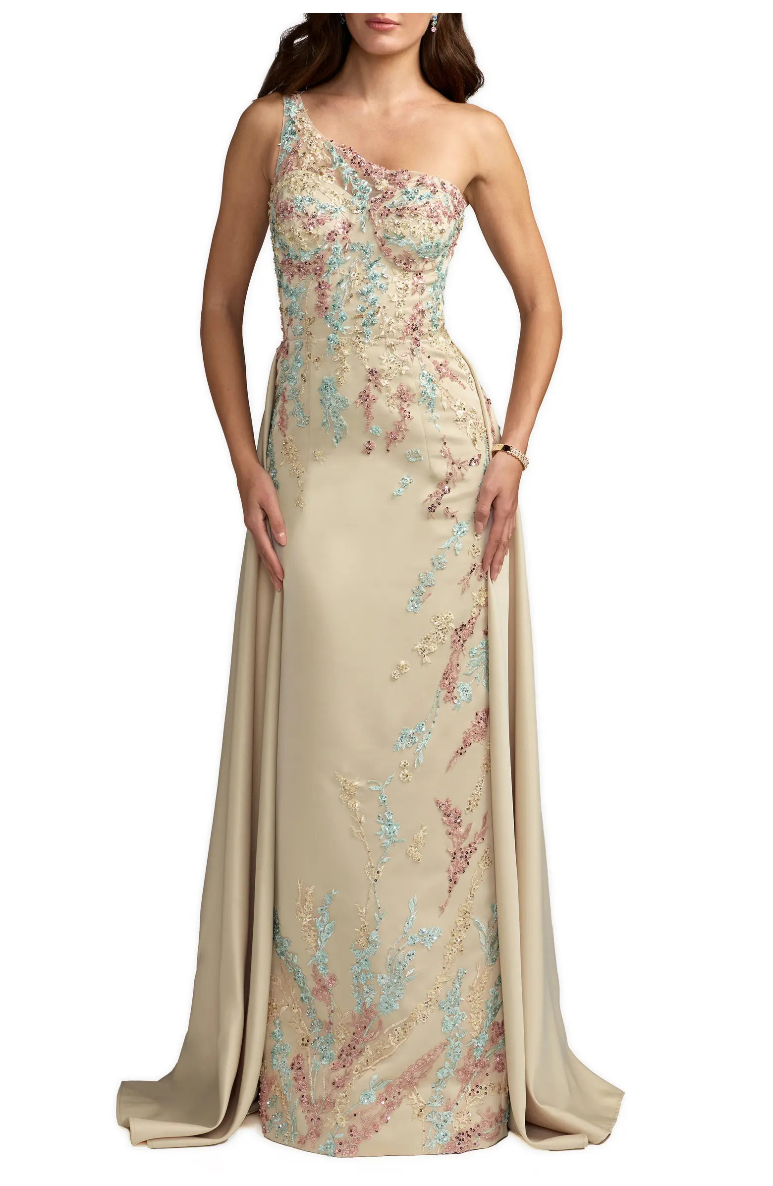 One Shoulder Embellished Satin Gown With Overskirt | Nordstrom