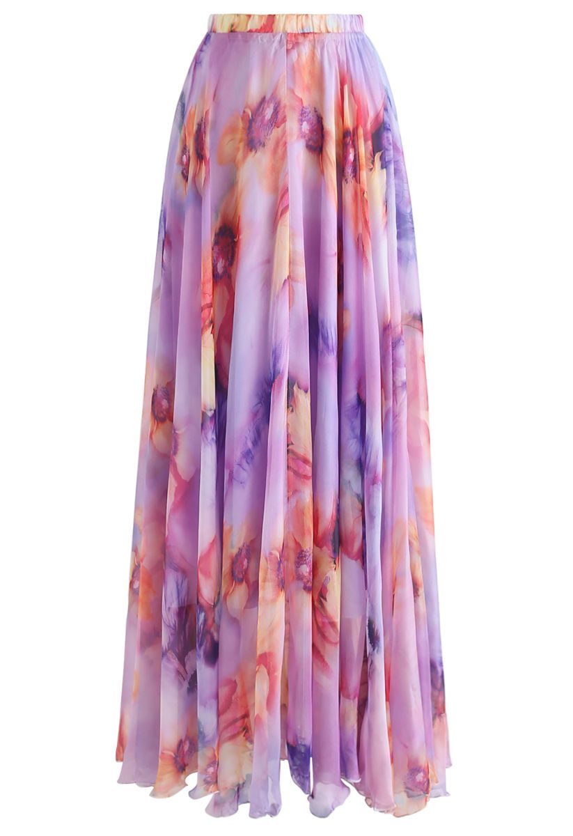 Blooming Flowers Watercolor Maxi Skirt in Lilac | Chicwish