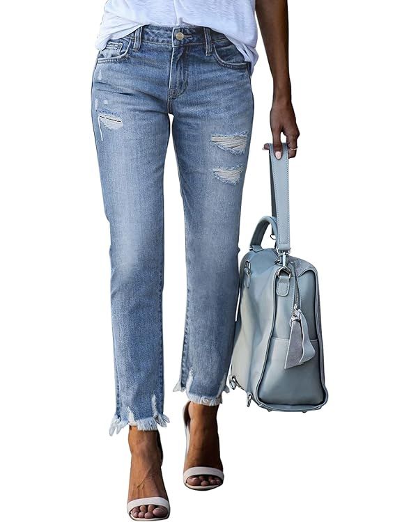 EVALESS Women Boyfriend Jeans Stretchy Ripped Distressed Straight Leg Denim Pants | Amazon (US)