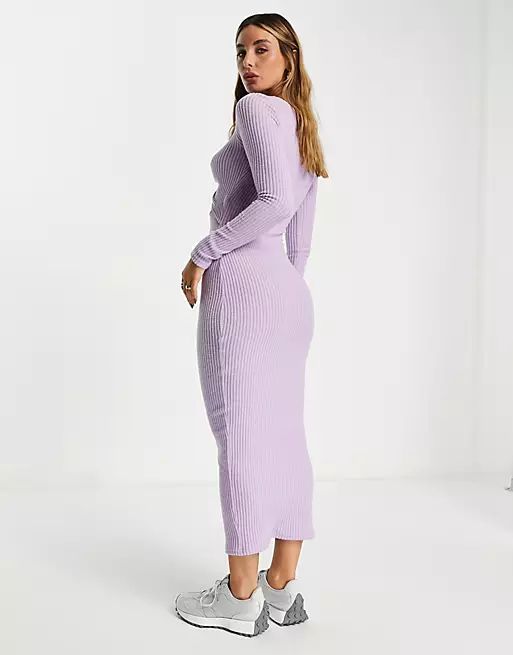 ASOS DESIGN brushed rib midi twist front dress in lilac | ASOS (Global)