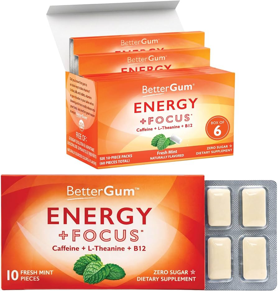 BetterGum Energy and Focus Gum with Caffeine, L-Theanine and Vitamin B12, Supports Clean Energy a... | Amazon (US)