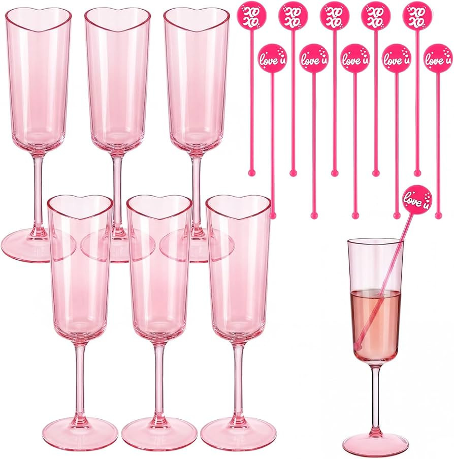 6 Set Galentines Day Heart Shaped Champagne Flutes 6.5 oz Pink Plastic Heart Shaped Champagne Gla... | Amazon (US)