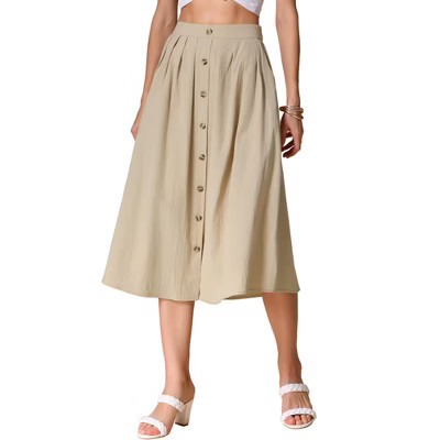 INSPIRE CHIC Women's Cotton Elastic Waist Button Front with Pocket A-Line Casual Midi Skirt X-Small Khaki | Target