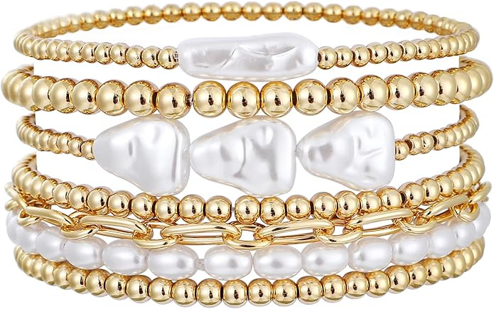 Gold Plated Beaded Bracelets for Women Trendy, 14K Gold Plated Stack Cross Pearl Gold Plated Bead... | Amazon (US)