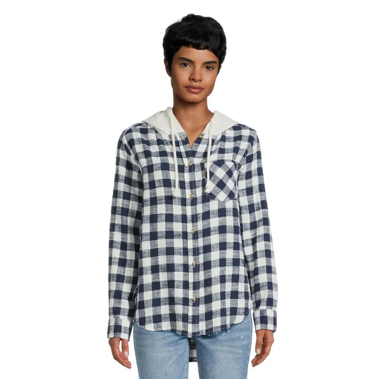 Time and Tru Women's Button Down Hooded Flannel Shirt, Sizes XS-XXXL - Walmart.com | Walmart (US)