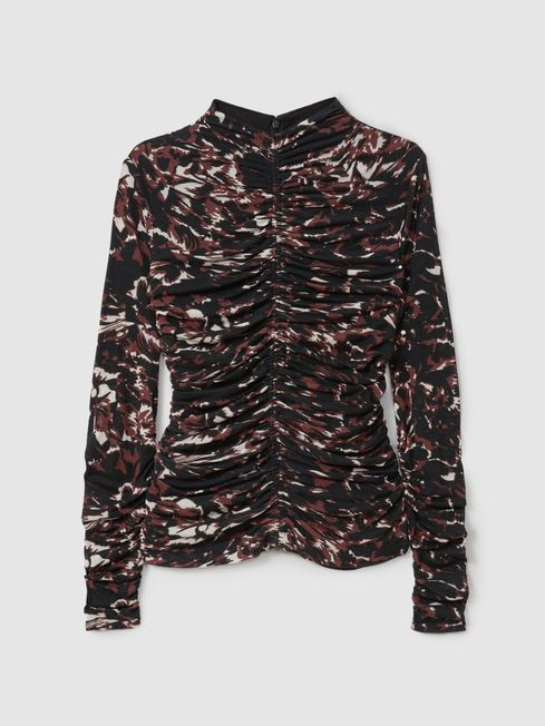 Printed Ruched Top in Black/Brown | Reiss US