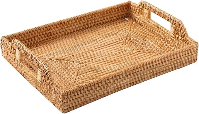 Rattan Serving Tray, 14.5Inch Rectangular Decorative Tray with Handles for Storage Breakfast, Par... | Amazon (US)