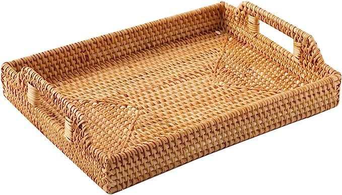 POHOVE Rattan Woven Serving Tray, Hand-Woven Rattan Serving Tray with Handle, Rectangular Rattan ... | Amazon (UK)