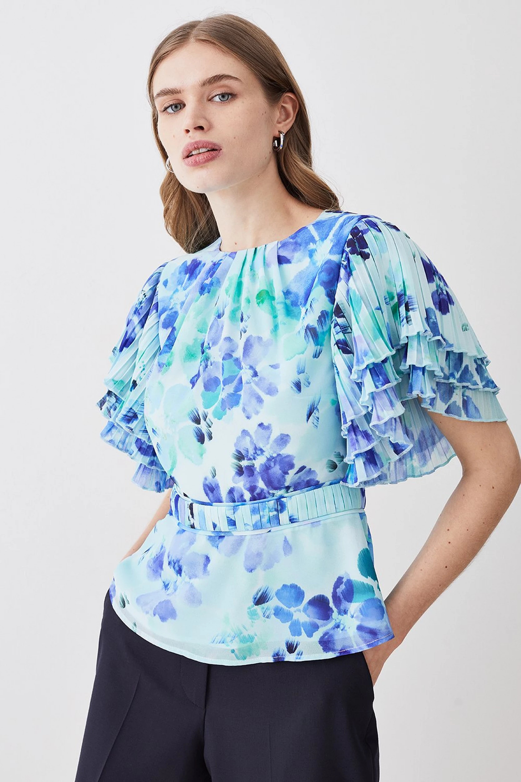 Pleat Detail Petal Print Ruffle Top | Karen Millen US