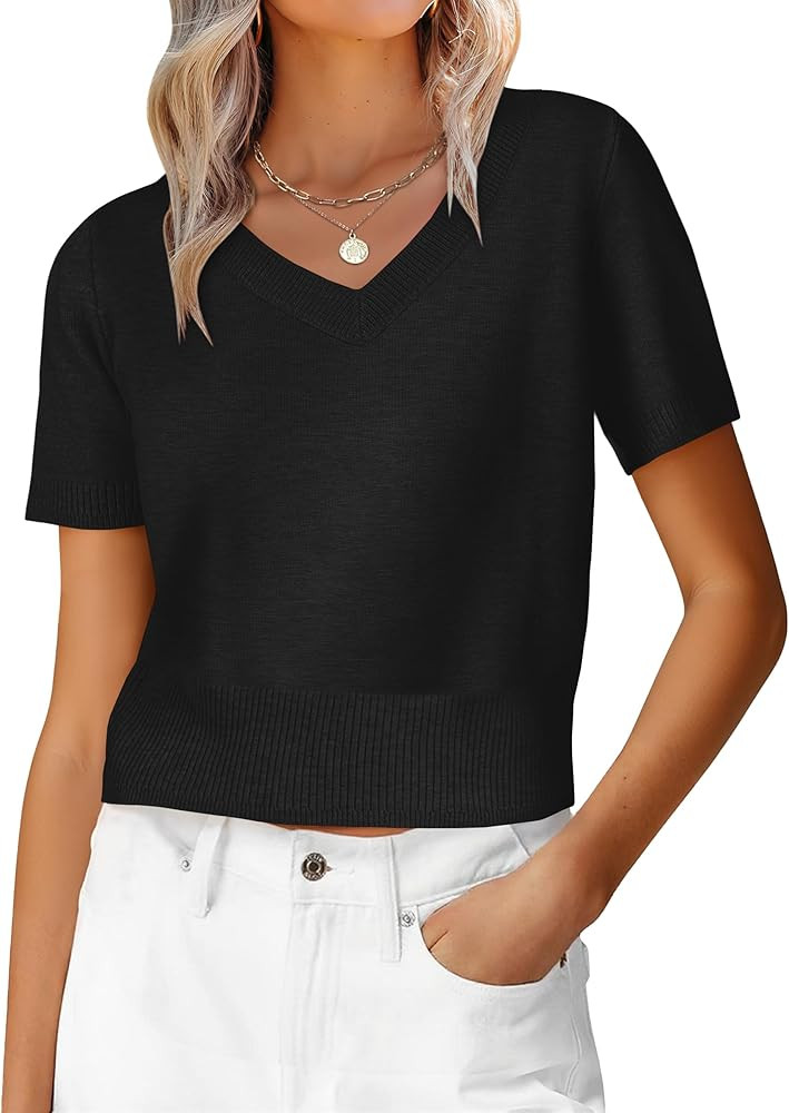 ANRABESS Womens Short Sleeve Sweaters Cropped V Neck Business Casual Lightweight Sweater Tops Sum... | Amazon (US)