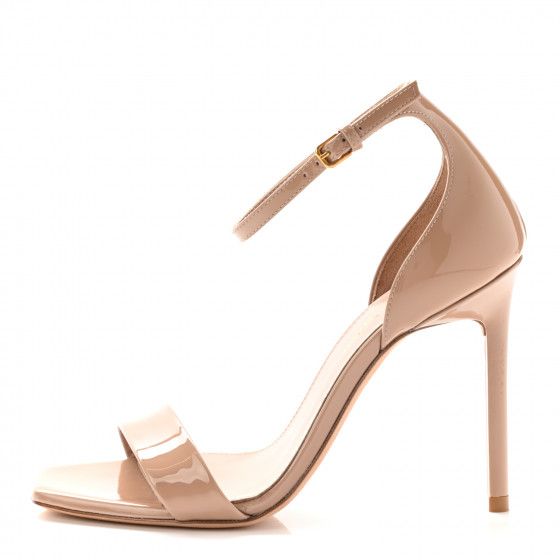 SAINT LAURENT Patent Calfskin Amber 105 Ankle Strap Sandals 34.5 Beige | Fashionphile