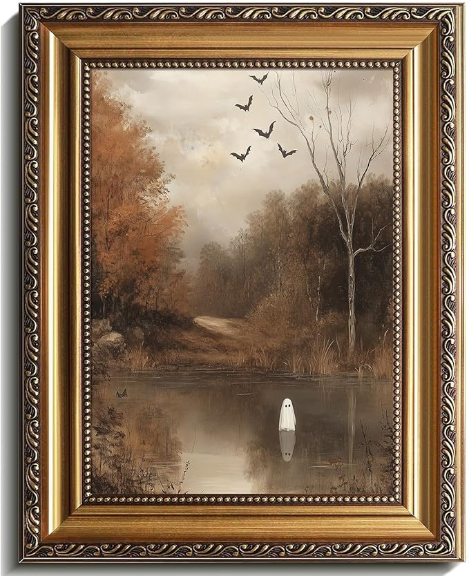 Vintage Gold Framed Halloween Wall Art Cute Ghost in Wildflower Lake Canvas Painting Moody Ghost ... | Amazon (US)