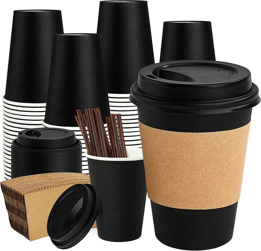 12 oz 50 Pack Black Disposable Paper Coffee Cups with Lids, Sleeves and Straws, Disposable Hot Cu... | Amazon (US)
