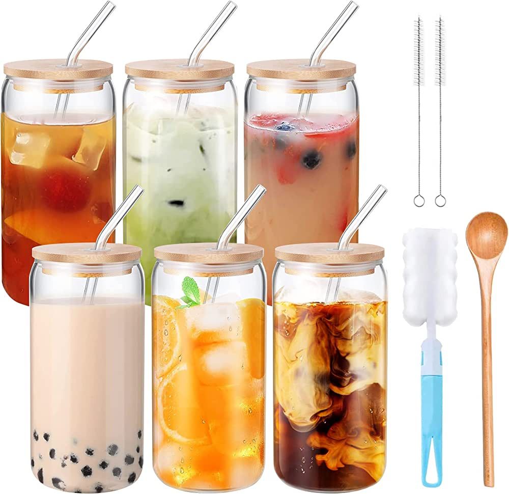 Glass Cups with Lids and Straws 6 Cups, 6 Bamboo Lids 6 Glass Straws, 2 Straw Cleaner, 1 Stirring... | Amazon (US)