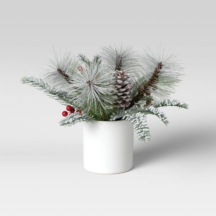 Flocked Spruce, Pinecone and Red Berry in White Vase - Threshold™ | Target