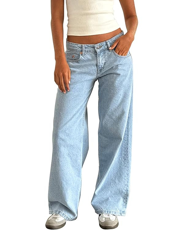 Women Y2k Low Rise Baggy Jeans Loose Fit Boyfriend Straight Wide Leg Jeans Trendy Stretch Long De... | Amazon (US)